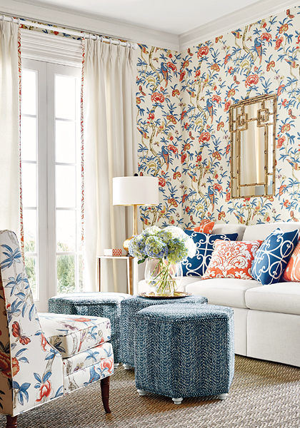 Colourful combination of patterned wallpaper and upholstery for living room